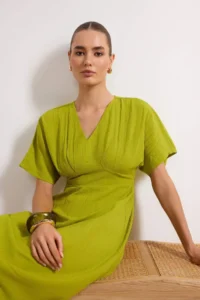 TRENDYOLMİLLA Oil Green A Cut Bodice Detailed V-neck Maxi Weaving Dress - Image 2