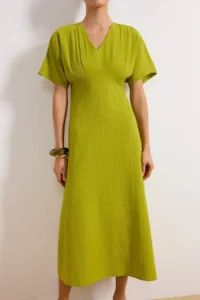 TRENDYOLMİLLA Oil Green A Cut Bodice Detailed V-neck Maxi Weaving Dress - Image 3