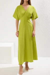 TRENDYOLMİLLA Oil Green A Cut Bodice Detailed V-neck Maxi Weaving Dress - Image 7