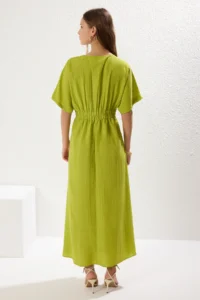 TRENDYOLMİLLA Oil Green A Cut Bodice Detailed V-neck Maxi Weaving Dress - Image 9