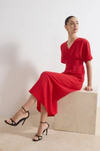 TRENDYOLMİLLA Rejection A Cut Bodice Detailed V-neck Maxi Weaving Dress - Image 2