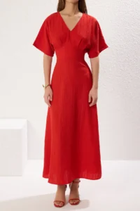 TRENDYOLMİLLA Rejection A Cut Bodice Detailed V-neck Maxi Weaving Dress - Image 7