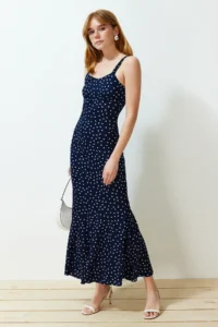 TRENDYOLMİLLA Navy Blue Patterned Sleeveless Fitted Ribbed Flexible Knitting Maxi Pen Dress