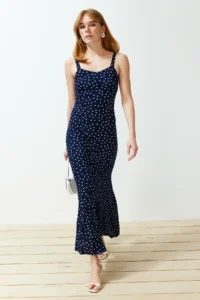 TRENDYOLMİLLA Navy Blue Patterned Sleeveless Fitted Ribbed Flexible Knitting Maxi Pen Dress - Image 2