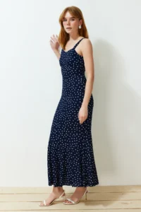 TRENDYOLMİLLA Navy Blue Patterned Sleeveless Fitted Ribbed Flexible Knitting Maxi Pen Dress - Image 3