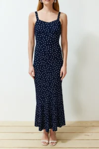 TRENDYOLMİLLA Navy Blue Patterned Sleeveless Fitted Ribbed Flexible Knitting Maxi Pen Dress - Image 4