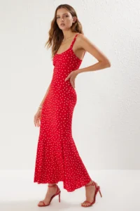 TRENDYOLMİLLA Rejection Polka Dot Sleeveless Fitted Ribbed Flexible Knitting Maxi Pen Dress - Image 2