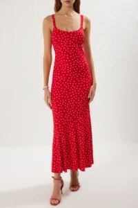 TRENDYOLMİLLA Rejection Polka Dot Sleeveless Fitted Ribbed Flexible Knitting Maxi Pen Dress - Image 3