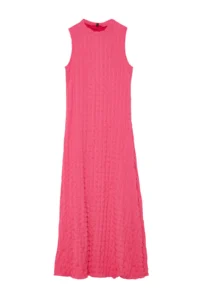 TRENDYOLMİLLA Fuchsia Plain textured A Cut/Life Form Crew Neck textured Maxi Dress - Image 6