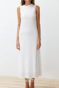 TRENDYOLMİLLA White Plain textured A Cut/Life Form Crew Neck textured Maxi Dress - Image 4
