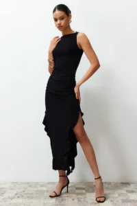 TRENDYOLMİLLA Black bodycone Zero Sleeve Slit Ruffle Detailed Flexible Thick Sandy Maxi Pen Dress - Image 2