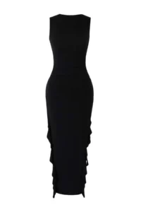 TRENDYOLMİLLA Black bodycone Zero Sleeve Slit Ruffle Detailed Flexible Thick Sandy Maxi Pen Dress - Image 7