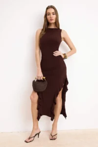TRENDYOLMİLLA Brown bodycone Zero Sleeve Slit Ruffle Detailed Flexible Maxi Pen Dress
