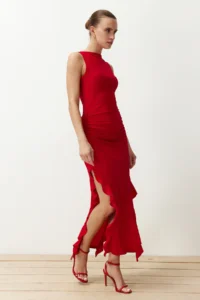 TRENDYOLMİLLA Rejection bodycone slit Ruffle Detailed Flexible Thick Sandy Maxi Pen Dress - Image 2