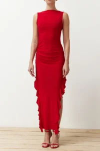 TRENDYOLMİLLA Rejection bodycone slit Ruffle Detailed Flexible Thick Sandy Maxi Pen Dress - Image 5