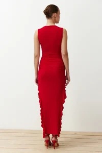 TRENDYOLMİLLA Rejection bodycone slit Ruffle Detailed Flexible Thick Sandy Maxi Pen Dress - Image 6