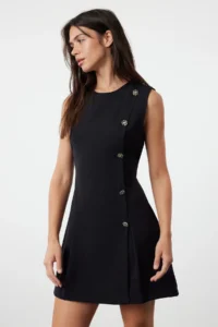 TRENDYOLMİLLA Black Plain Cut Button Detailed Mini Weaving Dress - Image 2