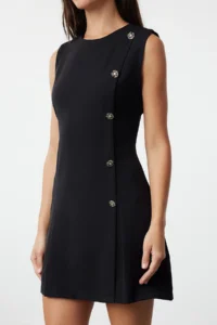 TRENDYOLMİLLA Black Plain Cut Button Detailed Mini Weaving Dress - Image 4
