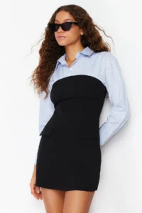 TRENDYOLMİLLA Black Plain bodycone Strapless Detailed Finike Mini Weaving Shirt Dress - Image 3