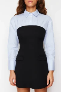 TRENDYOLMİLLA Black Plain bodycone Strapless Detailed Finike Mini Weaving Shirt Dress - Image 6