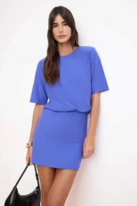 TRENDYOLMİLLA Saks Blue Plain Soft Fabric Fitted Short Sleeve Flexible Knitting Dress - Image 2