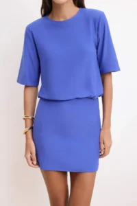 TRENDYOLMİLLA Saks Blue Plain Soft Fabric Fitted Short Sleeve Flexible Knitting Dress - Image 3