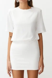 TRENDYOLMİLLA White Plain Soft Fabric Fitted Short Sleeve Flexible Knitting Dress - Image 4
