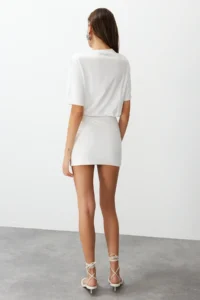 TRENDYOLMİLLA White Plain Soft Fabric Fitted Short Sleeve Flexible Knitting Dress - Image 6