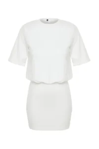 TRENDYOLMİLLA White Plain Soft Fabric Fitted Short Sleeve Flexible Knitting Dress - Image 7