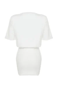 TRENDYOLMİLLA White Plain Soft Fabric Fitted Short Sleeve Flexible Knitting Dress - Image 8
