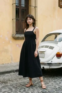 TRENDYOLMİLLA Black A Cut Waist Dekolteli Cotton Voile Mini Weaving Dress - Image 2