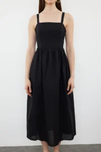TRENDYOLMİLLA Black A Cut Waist Dekolteli Cotton Voile Mini Weaving Dress - Image 6