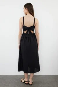 TRENDYOLMİLLA Black A Cut Waist Dekolteli Cotton Voile Mini Weaving Dress - Image 7