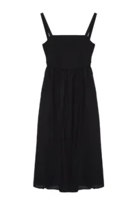 TRENDYOLMİLLA Black A Cut Waist Dekolteli Cotton Voile Mini Weaving Dress - Image 8