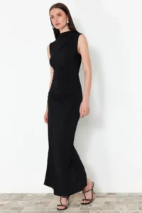 TRENDYOLMİLLA Black Draped Fitted Dog collar Sleeveless Flexible Knitting Maxi Pen Dress
