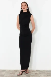 TRENDYOLMİLLA Black Draped Fitted Dog collar Sleeveless Flexible Knitting Maxi Pen Dress - Image 2