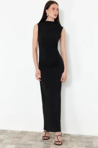 TRENDYOLMİLLA Black Draped Fitted Dog collar Sleeveless Flexible Knitting Maxi Pen Dress - Image 3