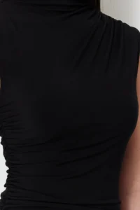 TRENDYOLMİLLA Black Draped Fitted Dog collar Sleeveless Flexible Knitting Maxi Pen Dress - Image 4