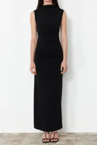 TRENDYOLMİLLA Black Draped Fitted Dog collar Sleeveless Flexible Knitting Maxi Pen Dress - Image 5