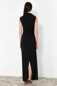 TRENDYOLMİLLA Black Draped Fitted Dog collar Sleeveless Flexible Knitting Maxi Pen Dress - Image 6