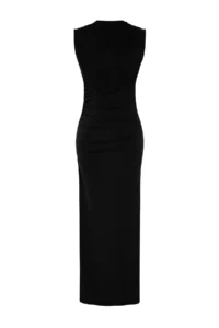 TRENDYOLMİLLA Black Draped Fitted Dog collar Sleeveless Flexible Knitting Maxi Pen Dress - Image 7