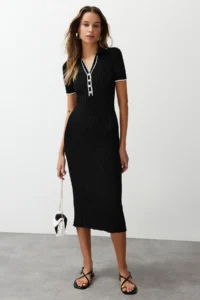 TRENDYOLMİLLA Black Midi Polo Shirt Collar Dress - Image 2