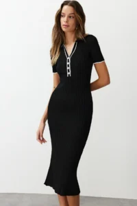 TRENDYOLMİLLA Black Midi Polo Shirt Collar Dress - Image 4