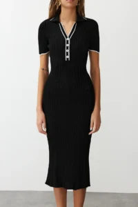 TRENDYOLMİLLA Black Midi Polo Shirt Collar Dress - Image 6