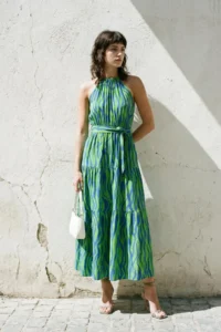 TRENDYOLMİLLA Mavi animals shift Barbell Neck Barbell Collar shally Maxi Weaving Dress
