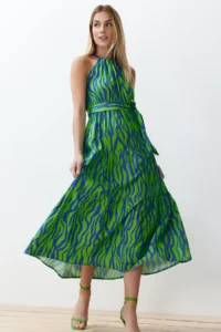 TRENDYOLMİLLA Mavi animals shift Barbell Neck Barbell Collar shally Maxi Weaving Dress - Image 2