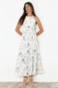 TRENDYOLMİLLA White animals shift Barbell Neck Lined Maxi Lined Weaving Dress - Image 4