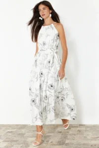 TRENDYOLMİLLA White animals shift Barbell Neck Lined Maxi Lined Weaving Dress - Image 5