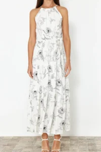 TRENDYOLMİLLA White animals shift Barbell Neck Lined Maxi Lined Weaving Dress - Image 6