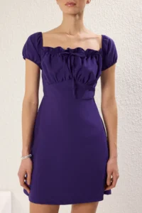 TRENDYOLMİLLA Purple A Cut Carmen Collar Lined Mini Weaving Crepe Dress - Image 3